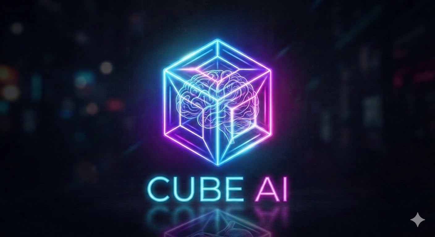 Cube AI — logotipo de cubo neón con un cerebro digital en su interior